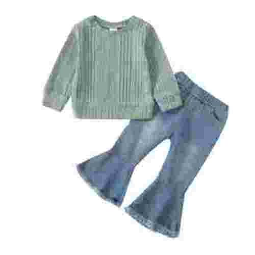 12 Months Baby Girls Clothes 18 Months Girls 2PCS Outfits Set Solid Color Toddler Girls Long Sleeve Top Bell-bottomed Denim Pants Set Green