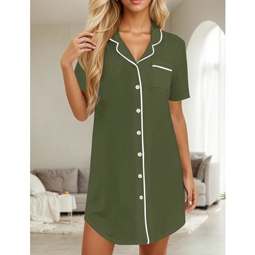 KCW Nightgown for Women Button Down Pajama Dress Short Sleeve Night Shirts Sleepwear