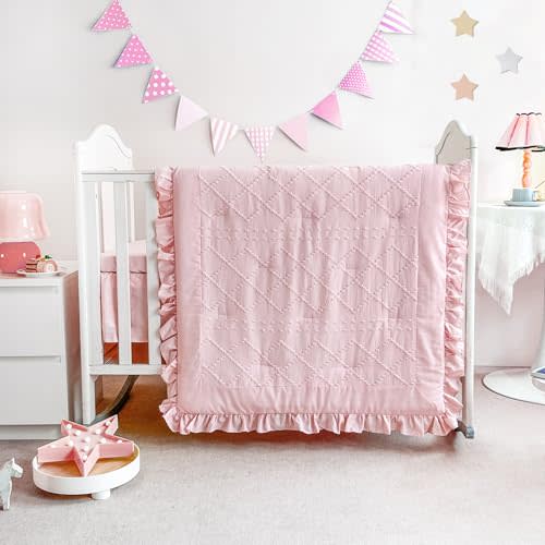 Wowelife Pink Baby Girl Crib Bedding Set, Boho 3-Piece Crib Comforter Set for Girls, Ruffle Comforter Baby Nursery Bedding Set Include Quilted Comforter, Crib Skirt and Crib Sheet, Pink