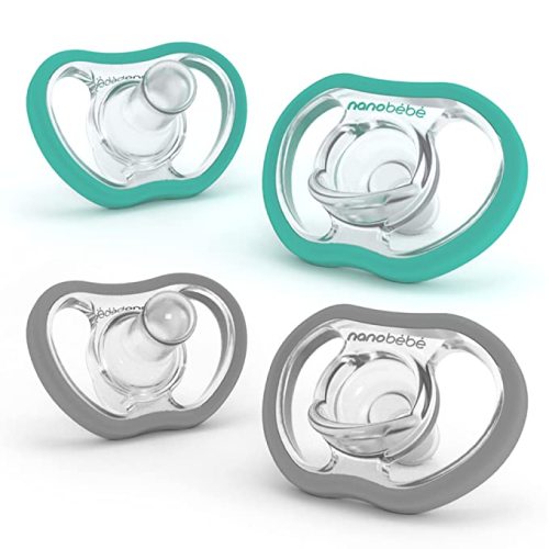 Nanobebe Active Baby Pacifiers 4-36 Months - Orthodontic, Lightweight and Vented, Curves Comfortably with Face Contour, 100% Silicone - BPA Free, Perfect Baby Registry Gift 4pk, Teal/Grey - 4 Count (Pack of 1) - 4-36 Months Teal/Grey