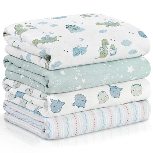 Muslin Swaddle Blankets for Newborn, Cotton Receiving Blanket | 4 Pack 100% Cotton Soft Breathable Baby Blanket, Essentials Swaddle Wrap Burp Cloths, Large 31.5 x 43.3 inch, Blue Dinosaur
