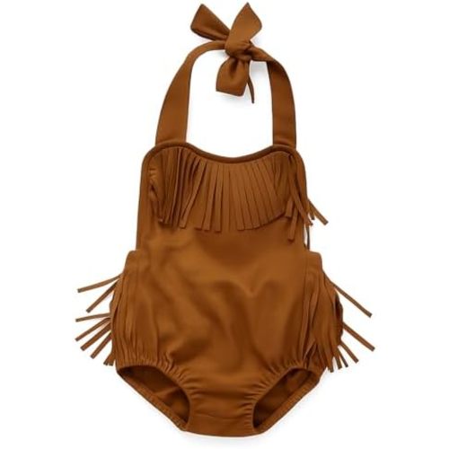 Infant Baby Girl Fringe Faux Suede Romper - Western Style Halter Sunsuit, Adjustable Straps
