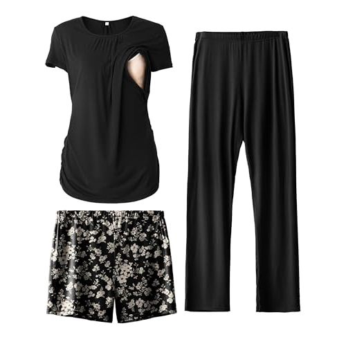 SUNNYBUY Womens Maternity Nursing Pajamas Set, Short Sleeve Breastfeeding Shirts，Pregnancy Shorts & Pants 3 Piece Nursing PJS