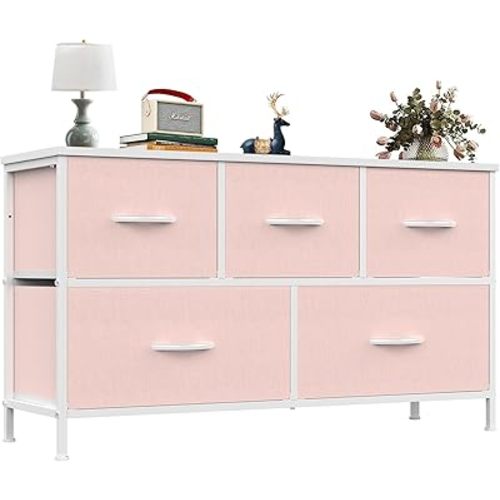 Baby Dresser for Bedroom with 5 Drawers, Wide Chest of Drawers, Fabric Bedroom Dresser with Drawer Organizer, Storage Organizer Unit with Fabric Bins for Closet, Living Room, Hallway, Pink