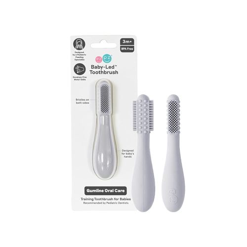 ezpz Baby-Led Toothbrush - 3 Months+ (Pewter) - 100% Silicone Infant Toothbrush with Sensory Bumps - Cleans Gums + New Teeth - Improves Hand-to-Mouth Coordination, Self-Feeding Skills