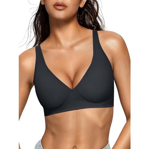 OEAK Womens Deep V Bras Wireless Comfortable Bra Supportive No Underwire Bras Tshirt Push Up Bralettes Plunge Seamless Bra