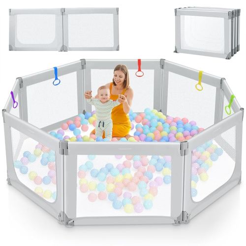 Kidirect Foldable Playpen, 71''×69'' Extra Large Baby Playpen for Babies and Toddlers, Baby Gate Play Pen with Breathable Mesh, Adjustable Size & Shape Play Yards Indoor Outdoor for Toddlers, Grey