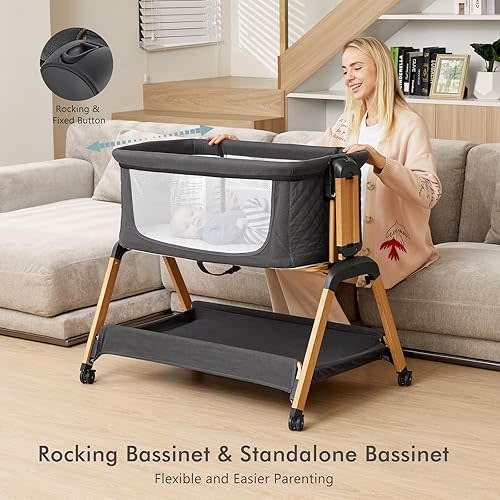 Bassinet Bedside Sleeper, Rocking Bassinets with Comfy Mattress and Wheels for Newborn, 5-Height Adjustable (Black)