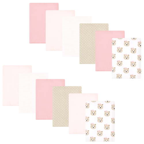 Hudson Baby Infant Girl Flannel Burp Cloth 12pk, Pink Taupe Bear, One Size