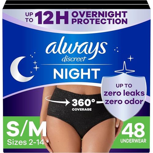 Always Discreet Overnight Adult Incontinence & Postpartum Bladder Leak Underwear for Women, Disposable, Small/Medium, 48 Count (3 Packs of 16)