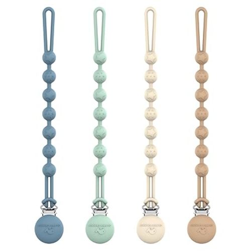 Cuddle Campus Silicone Pacifier Clip Holder with One Piece Design, Pack of 4 Soft Flexible Binky Clips with Texture Set 1(6M+)