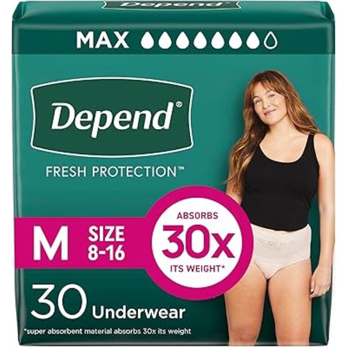 Depend Fresh Protection Adult Diapers, Incontinence & Postpartum Bladder Leak Underwear for Women, Disposable, Maximum, Medium, Blush, 30 Count, Packaging May Vary