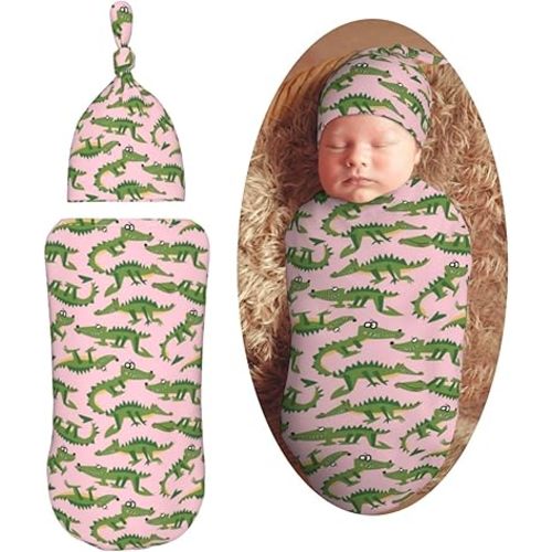 Green Cartoon Alligators Newborn Swaddle Blankets Hat Sets Soft Baby Receiving Blanket Swaddle Sack for Baby Shower Infant Boy Girl Gift
