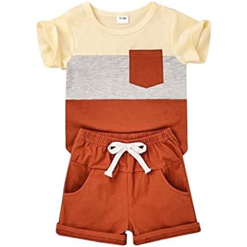 Baby Boy Clothes Toddler Boy Summer Outfits Short Sleeve Patchwork Top T-shirt & Pocket Pant Set 2 Piece 12 Months-4T
