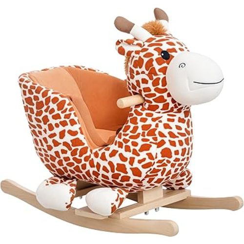 Qaba Kids Plush Ride-On Rocking Horse Toy Giraffe Style with Song for 18-36 Months, Brown