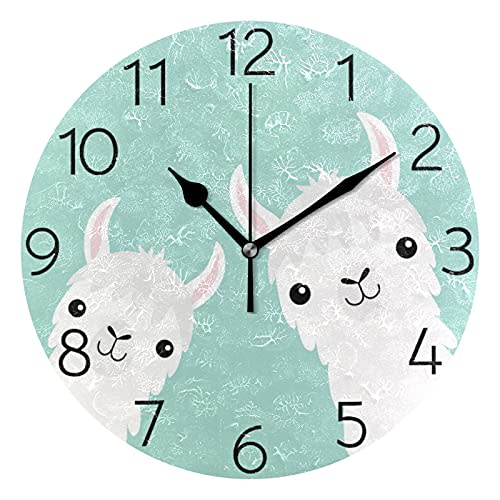 susiyo Animal Cute Llama Alpaca Wall Clock Silent Round Wall Clock Non Ticking Battery Operated Creative Decorative Clock for Kids Living Room Bedroom Office Kitchen Home Decor