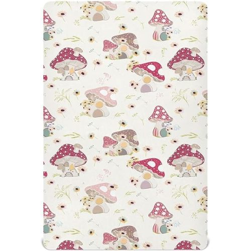 Fitted Crib Sheets Mushroom with Daisy Stretchy Portable Playard Sheets for Baby Toddler, Breathable Soft Mini Crib Mattress 39 x 27 in for Boys and Girls
