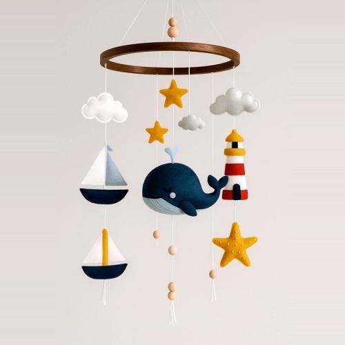 Nautical Baby Mobile – Handmade Felt Crib Mobile with Whale, Sailboat & Lighthouse, Coastal Nursery Decor, Baby Shower Gift