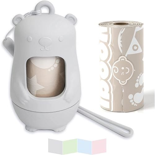 Teddy Bear Diaper Bag Dispenser | Trash Bags on the Go w/Silicone Strap | 15 Unscented Baby Poop Bags per Roll | Disposable Diaper Waste Bags (Cloudy Grey)