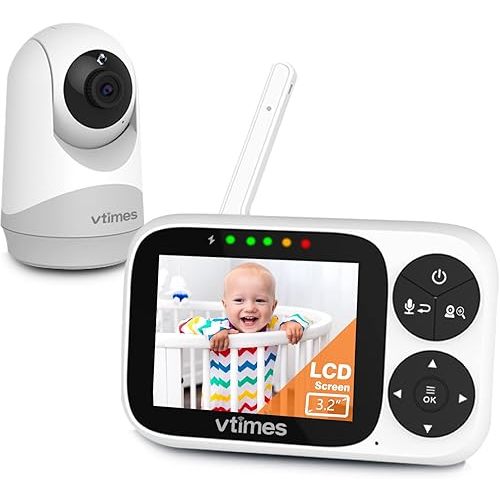 VTimes Video Baby Monitor with Camera and Audio, 3.2" IPS Screen Baby Camera Monitor No WiFi VOX Mode Night Vision Pan-Tilt-Zoom Temperature Display 2 Way Talk Lullaby Feeding Alarm and 1000ft Range
