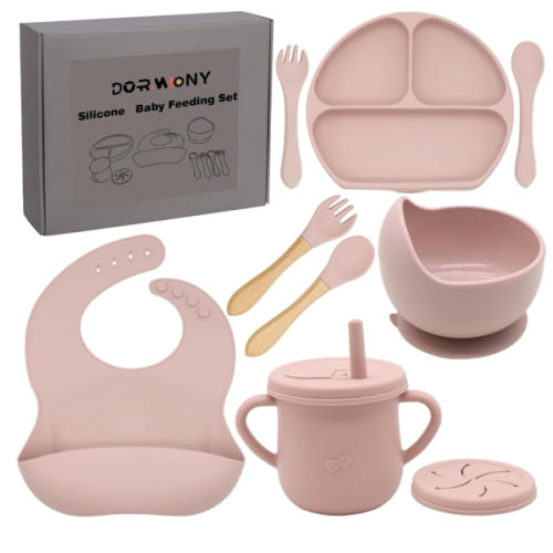 100% Silicone Baby Feeding Set,BPA Free Baby Dishes Set with Suction Bowl Divided Plate,Toddler Self Feeding Dish Set with Spoons Forks Sippy Cup and Bib, Baby Eating Utensils (Pink)