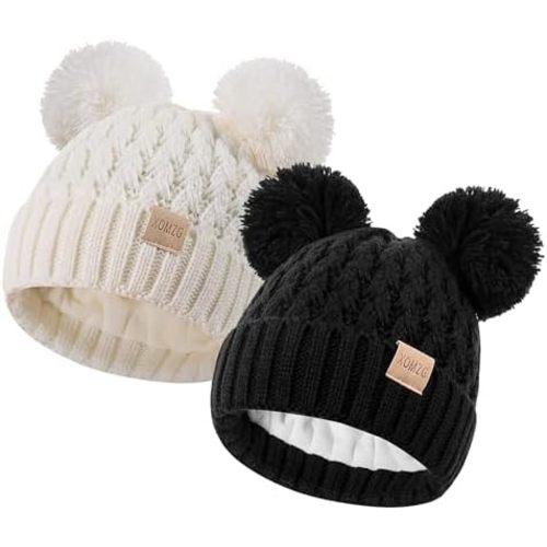 Toddler Winter Beanie Hat, Infant Winter Warm Knit Fleece Lined Cap for Girls Boys with Pom Pom for 0-36 Months 2 Packs