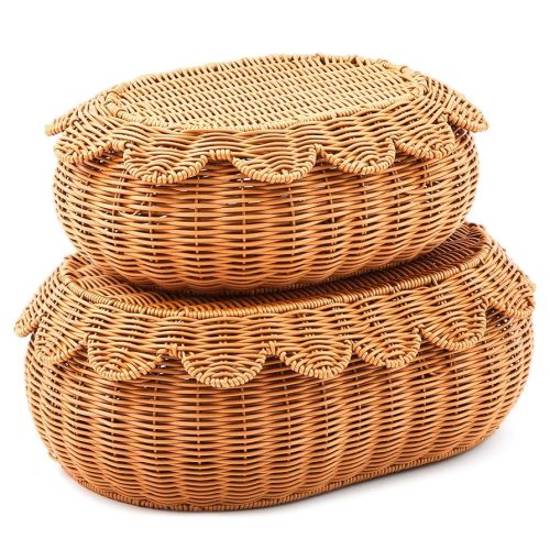 Juexica 2 Pcs Scalloped Rattan Baskets, Woven Rattan Wicker Storage Baskets with Lid for Nursery Storage diaper organizer Bathroom Decor(Dark Brown)