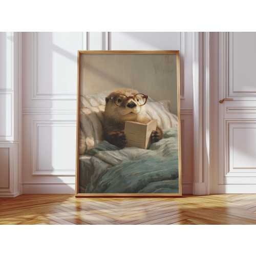 Baby Sea Otter Reading Book With Glasses In Cozy Bed Print, Whimsical Illustration Animal Art
