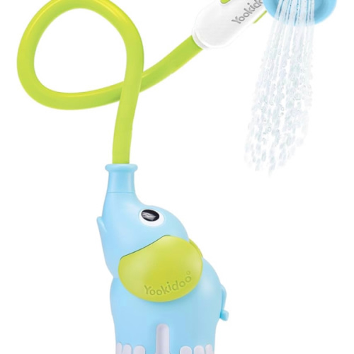 Yookidoo Baby Bath Shower Head - Elephant Water Pump with Trunk Spout Rinser - Control Water Flow from 2 Knobs for Maximum Fun in Tub or Sink for Newborn Babies (Yellow)