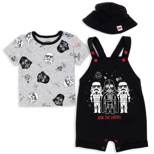 Star Wars Darth Vader Stormtrooper Newborn Baby Boys French Terry Short Overalls T-Shirt and Hat 3 Piece Outfit Set Newborn to Infant