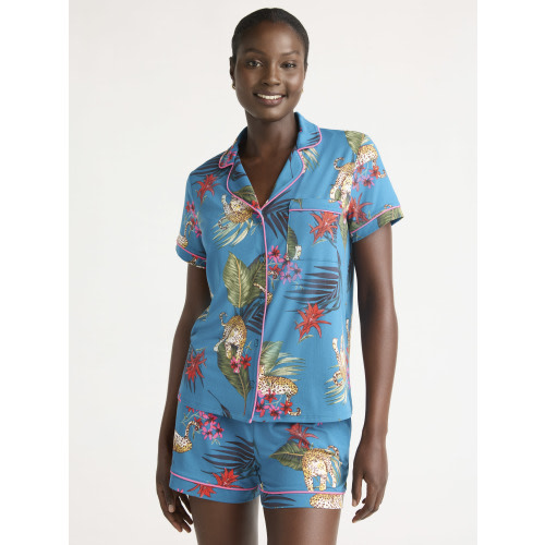 Joyspun Women’s Dreamy Soft Collection Short Sleeve Knit Notch Collar Top and Shorts Pajama Set, 2-Piece, Sizes XS-3X