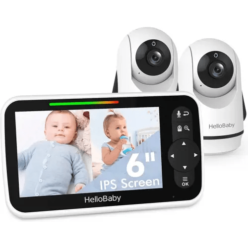 HelloBaby Video Baby Monitor with Upgraded 6” IPS Large Screen, Split Screen with 2 Cameras, Night Vision and Temprature Monitoring, Remote Pan-Tilt-Zoom Camera, No-WiFi
