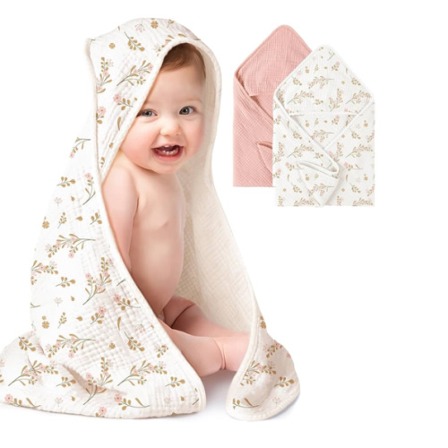 Konssy 2-Pack Muslin Hooded Baby Towels, 100% Cotton, Ultra-Soft & Absorbent Baby Bath Towels with Hood for Newborn & Infant (Pink, Floral,32" x 32")