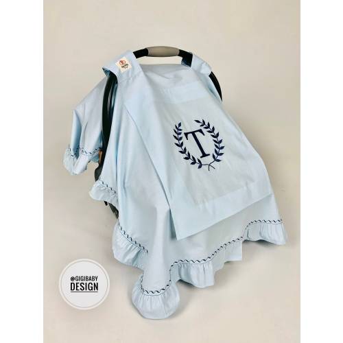 Car Seat Canopy Cover Baby Girl and Boy in Baby Blue Cotton Fabric with Ruffles and Bow & Peekaboo Mesh Window, Decorative Stitched Cover