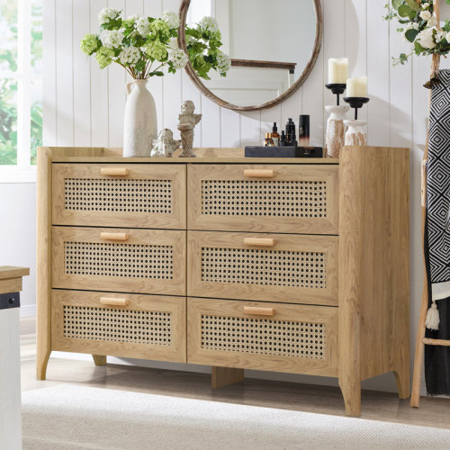 Bay Isle Home™ Rattan Picture 6 Drawers Dresser with Pre-Assembled Interlock and Slides, 47" Wide Modern Chest of Drawers, Dresser TV Stand, Wood Drawer Organizer for Bedroom, Living Room, Hallway, Oak | Wayfair