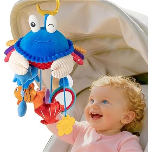 Car Seat Toys for Babies 0-6 Months, Hanging Baby Activity Toy for Stroller, Crib & Gym, Tummy Time Sensory Crab Plush Toys for Newborn, 0 3 6 9 12 M Clip-On Montessor Toy, Baby Boy Girl Gifts