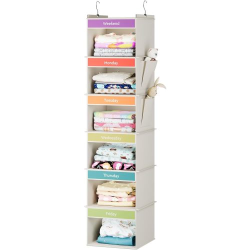 6-Shelf Weekly Hanging Closet Organizer, Weekly Clothes Organizers for Kids with 2 Side Pockets, Beige