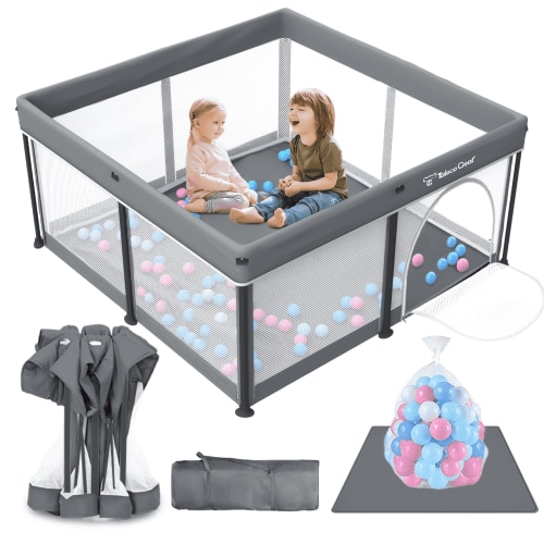 Foldable Baby Playpen with Mat, Collapsible Play Pen for Babies and Toddlers, Indoor & Outdoor Kids Safety Play Pen, Portable Play Yard with 50 Ocean Balls, 50"×70", Gray