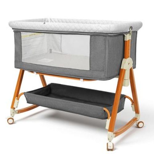 Baby Bassinet Bedside Sleeper, 6 Heights, Cradle Mode, Wheels, Foldable Crib, Grey