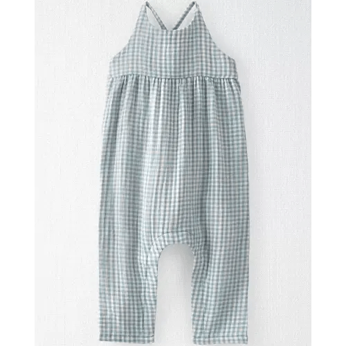 Baby Gingham Print Organic Cotton Gauze Jumpsuit - Blue