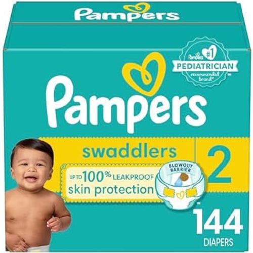 Pampers Swaddlers Diapers, Size 2 (10-22 lbs), 144 Count, Absorbent, Keeps Baby Dry and Comfortable, Skin Safe Disposable Baby Diaper