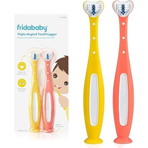 Frida Baby Triple-Angle Toothhugger Training Toddler Toothbrush | Toddler Toothbrush 2 Years and Up, Cleans All Sides at Once | 2 Pack (Yellow + Pink)