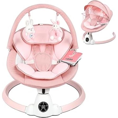 Baby Swing for Infants, Portable Electric Baby Swings with Bluetooth, 5 Swing Speed, 10 Lullabies, 5-Point Harness, Remote Control & Touch Panel - Infant Swing for Indoor & Outdoor Use, Pink