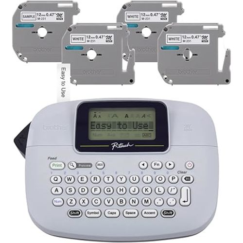 Brother PT-M95 P-Touch Monochrome Label Maker Bundle (4 Label Tapes Included),White