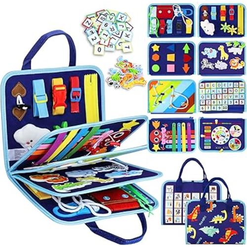 Esjay Toddler Busy Board Montessori Toys for Boys, Sensory Board Educational Activities for Learning Fine Motor Skills, Birthday Gifts for Boys Toddlers, Travel Toys for Airplane Car, Blue Dinosaur
