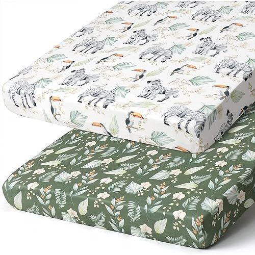 Pack n Play Sheets, BROLEX 2 Pack Mini Crib Sheets,Stretchy Portable Fitted Playard Sheet Set, Convertible Playard Mattress Cover,Ultra Soft Breathable Material,Zebra Forest