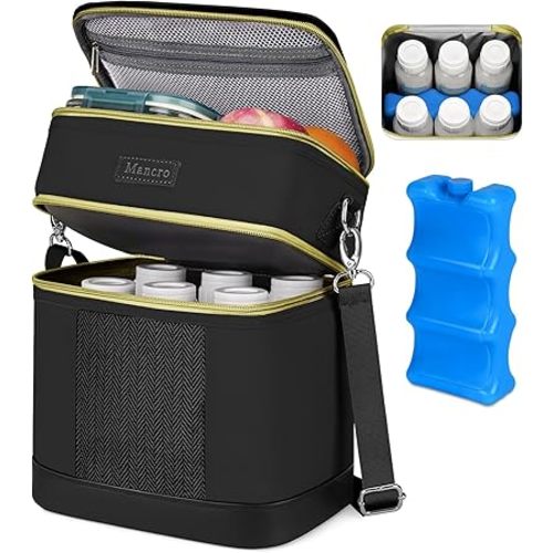 Mancro Breastmilk Cooler Bag with Ice Pack, Double Layer Breast Milk Cooler Bag Fits 6 Bottles Up to 9 Ounces, Leafproof Insulated Baby Bottle Bag for Nursing &Working Mom