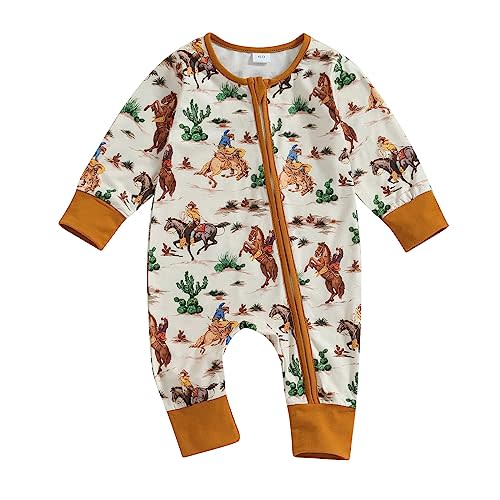 SAYOO Western Baby Cowboy Clothes Neutral Zipped Fall Romper Outfit for Boy Girl Infant Lapel Cow Print One-piece Jumpsuit