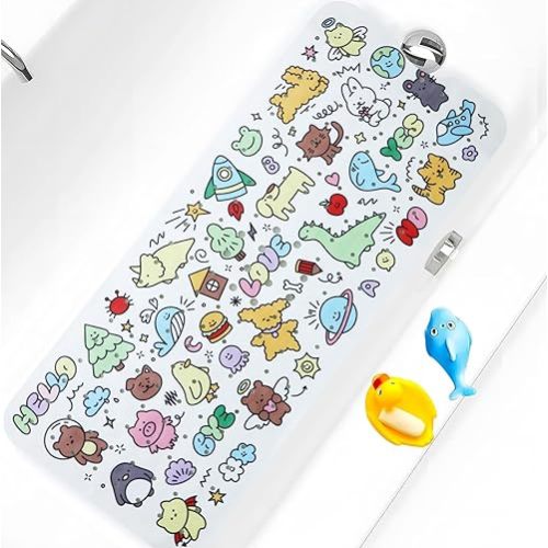 Baby Bath Mat for Tub Non Slip Kids Bathtub Mat Extra Long 40X16 Inch Toddler Bath Tub Shower Mat Anti Slip with Suction Cups & Drain Holes, Machine Washable (Cartoon)
