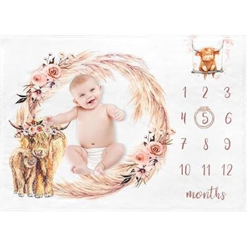 Baby Monthly Milestone Blanket Highland Cows Blanket for Girls Growth Chart Newborn Swaddle Blankets Newborn Party Favors Photography Backdrop Props Soft Plush Nursery Décor50 x40